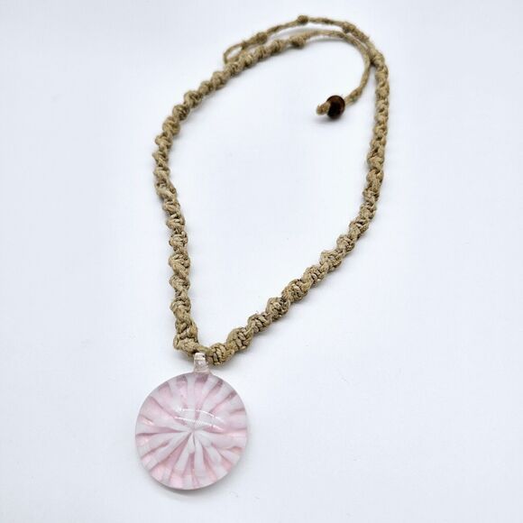 Pink Murano Starburst Necklace Pendant Boho Hemp Chain Art Glass Artisan Flower - Picture 7 of 8